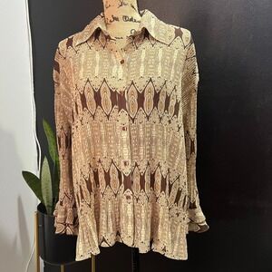 Vintage Cato XL Paisley Print Ruffle Hem Aztec Boho Peasant‎ Long Sleeve Blouse